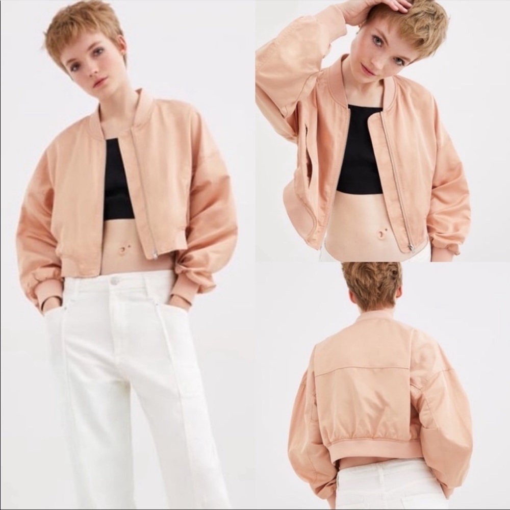 EUC Zara Blush Sateen Cropped Bomber Jacket Size L